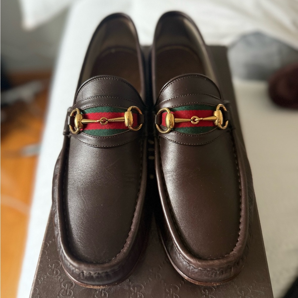 Men's Brown Leather Loafers with Gold Accents